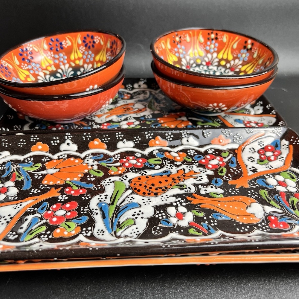Hand Painted Turkish Ceramic Bowls  & Plates Floral Ceramic 8 Total 4 Each READ